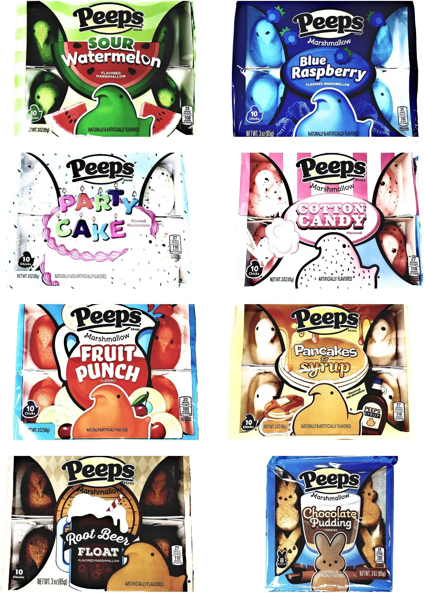 Peeps Marshmallow Easter Candy Variety Pack of 8 Flavors - Sour Watermelon, Party Cake, Fruit Punch, Root Beer Float, Cotton Candy, Pancakes and Syrup, and Chocolate Pudding - 78 Marshmallows Total