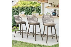 Cozyman Outdoor Bar Stools Set of 3, 360° Swivel Aluminum Rattan Barstools, Olefin Rope Counter Height Bar Stools with Curved Backrest, Boho Barstool with Circular Cushion for Patio, Kitchen, Apricot
