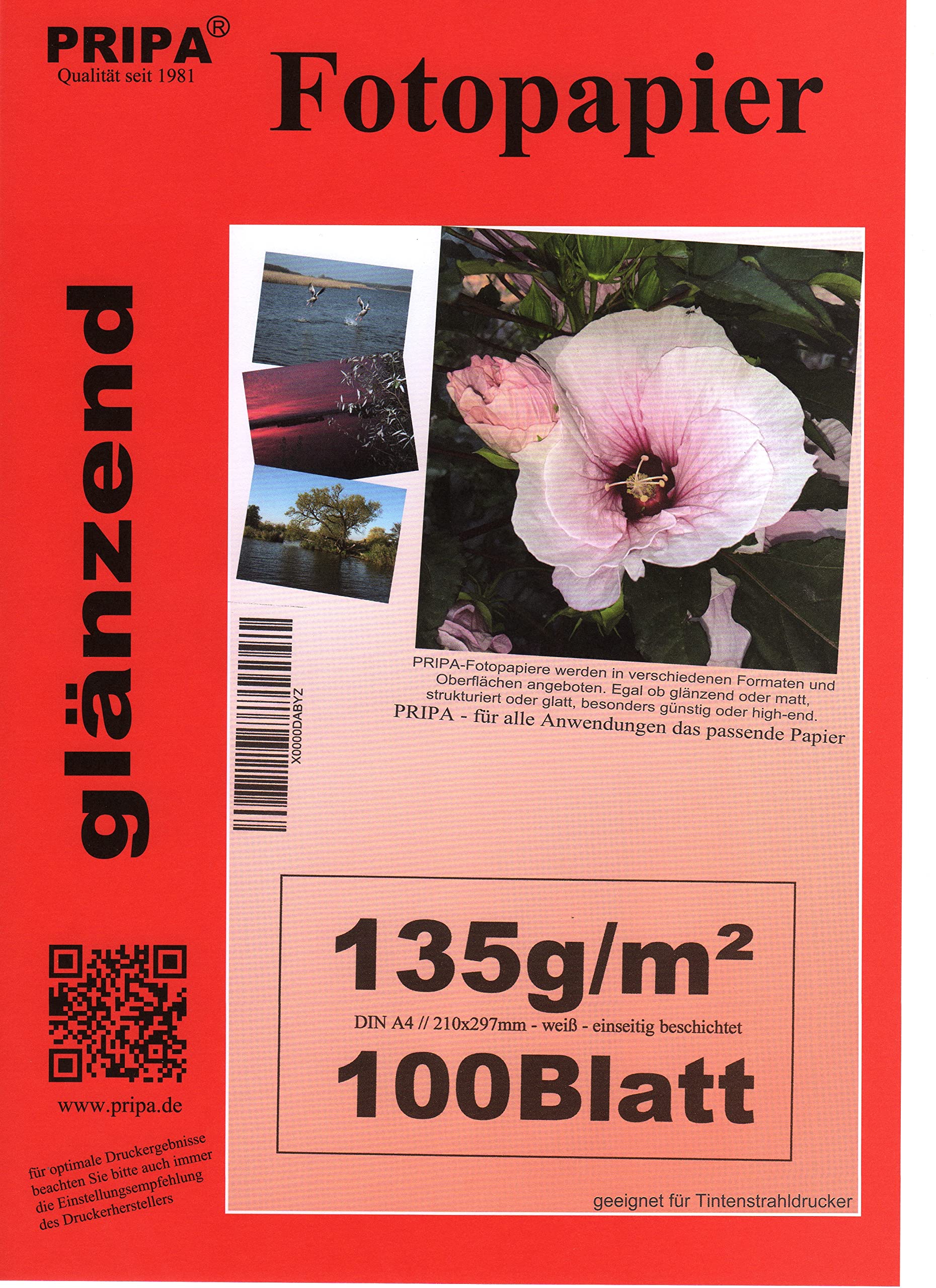 pripa 100 sheets of Photo Paper A4 135 g/qm-glossy (shiny) instant dry and water resistant - bright white- high color brilliance, for inkjet printers