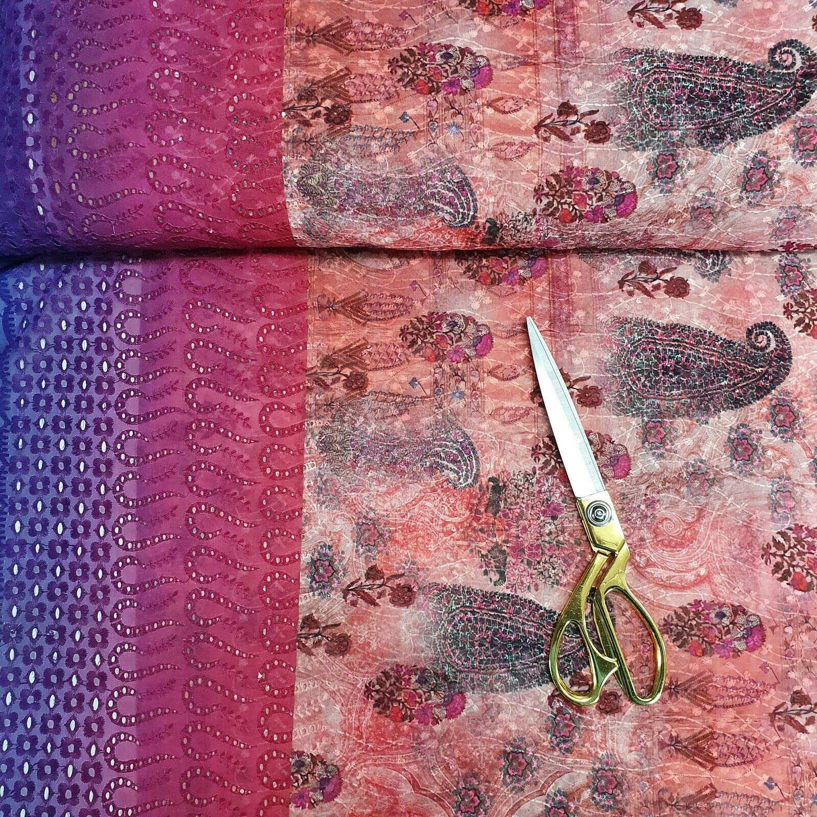 Digital Paisley Multi Print Chiffon Broderie Anglaise Dress Craft Fabric 44" (Pre Cut 1 Meter) (Purple)