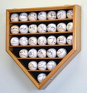 30 Baseball Ball Display Case Cabinet Holder Rack Home Plate Shaped w/98% UV Protection- Lockable -Oak