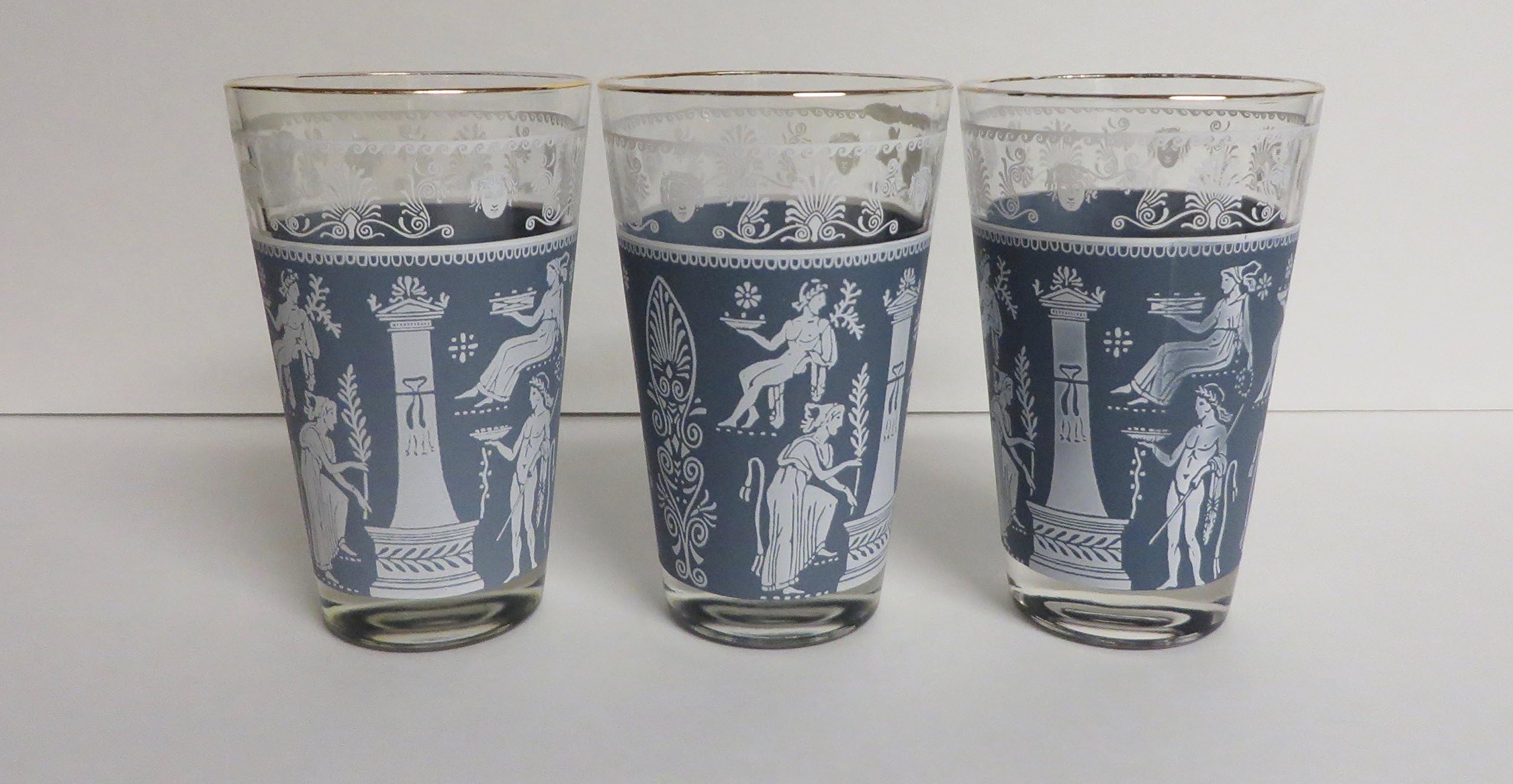 Jeannette Glass Co. Hellenic Greek Blue Jasperware Glasses, Set of 3