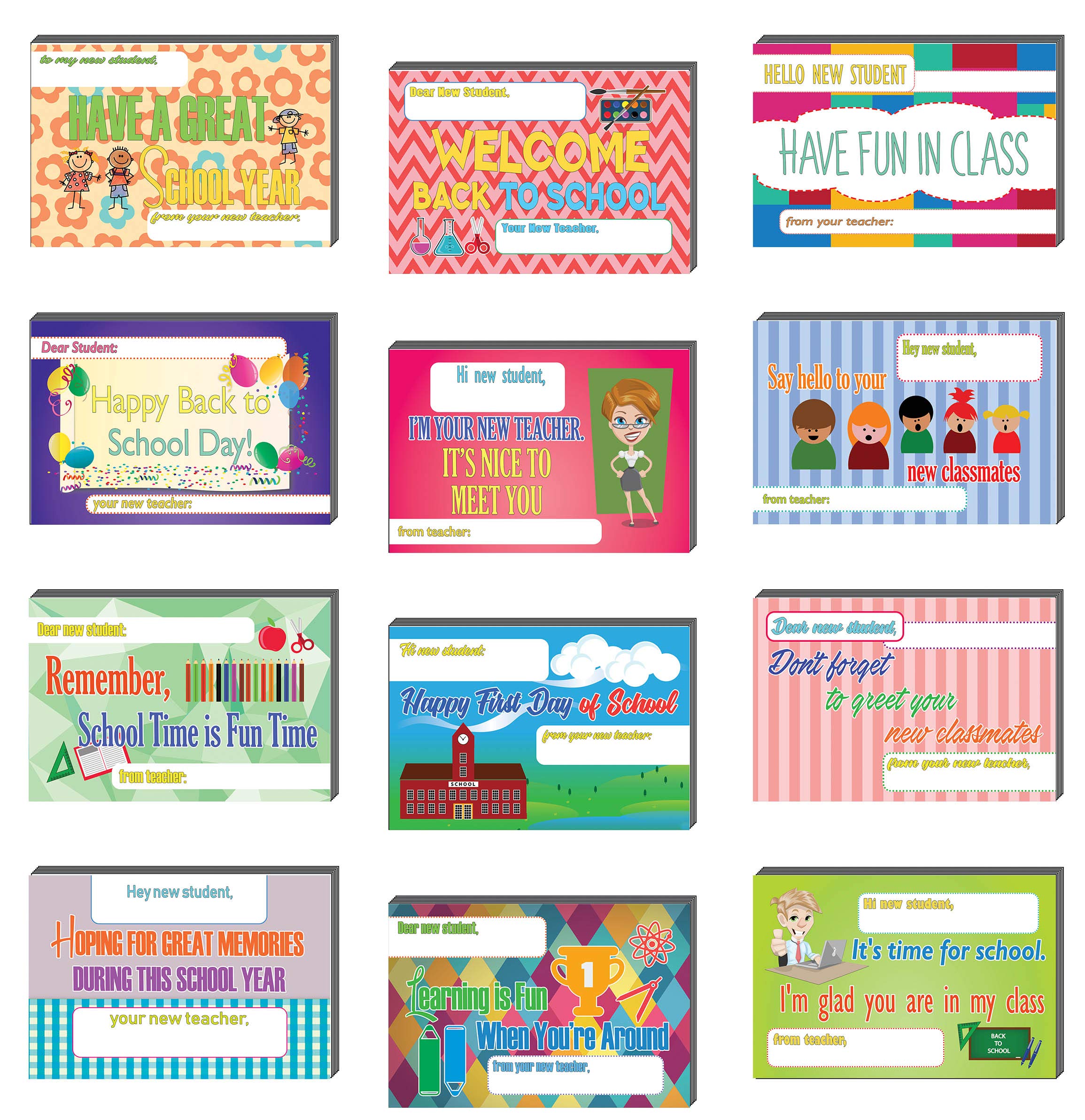 Creanoso Back to School Day Positive Postcards (36-Pack) – School Day Greeting Card Designs - Premium Gift Card Gift Tokens for Teachers to Students – Cool Student Giveaways Collection Pack Set