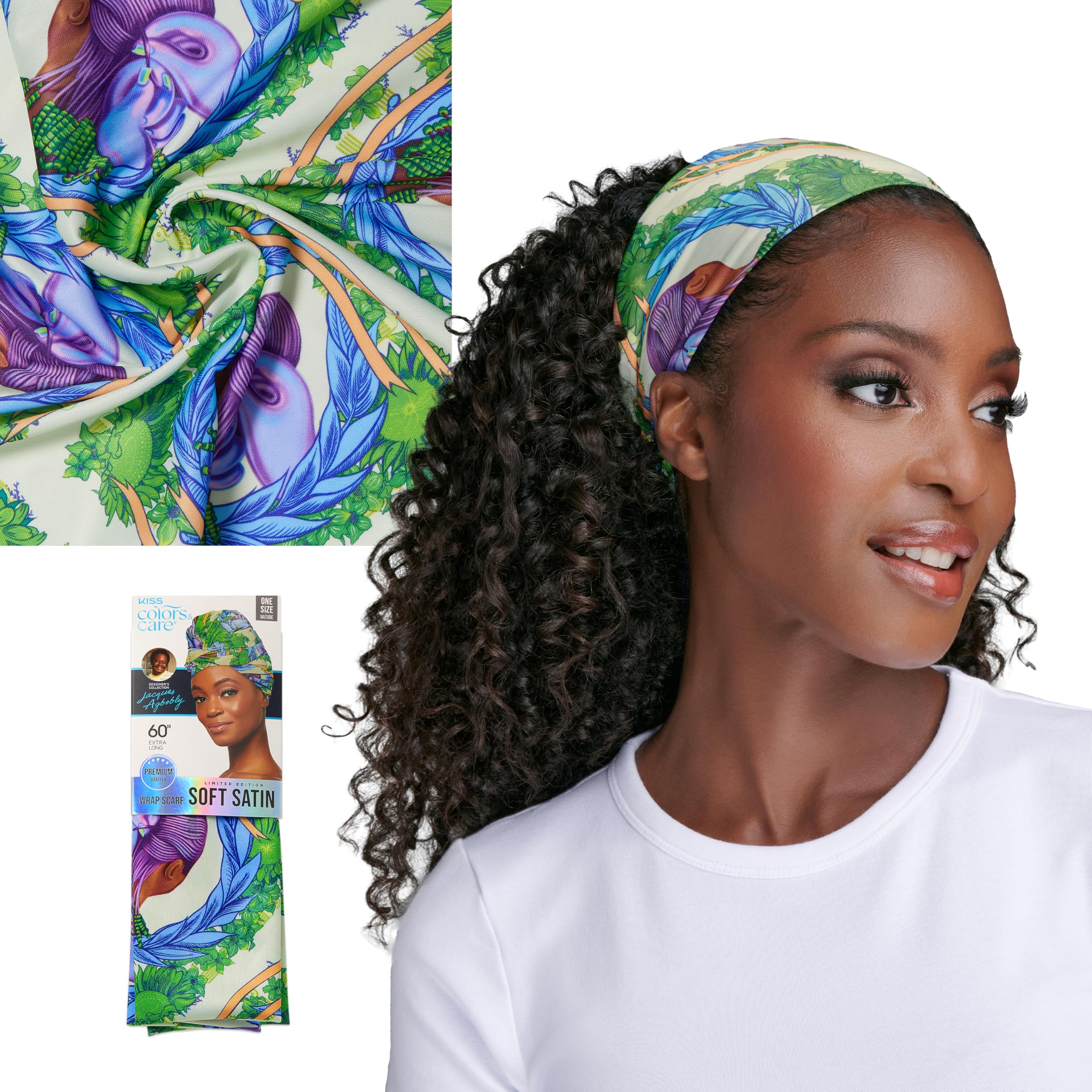 Photo 1 of KISS Colors & Care Limited Edition BIFC Premium Soft Satin Wrap Scarf, Smooth & Comfortable All Day Wear, Minimize Frizz, Prevent Breakage, 60” X 16" Extra-Long Scarf - Jacques Agbobly