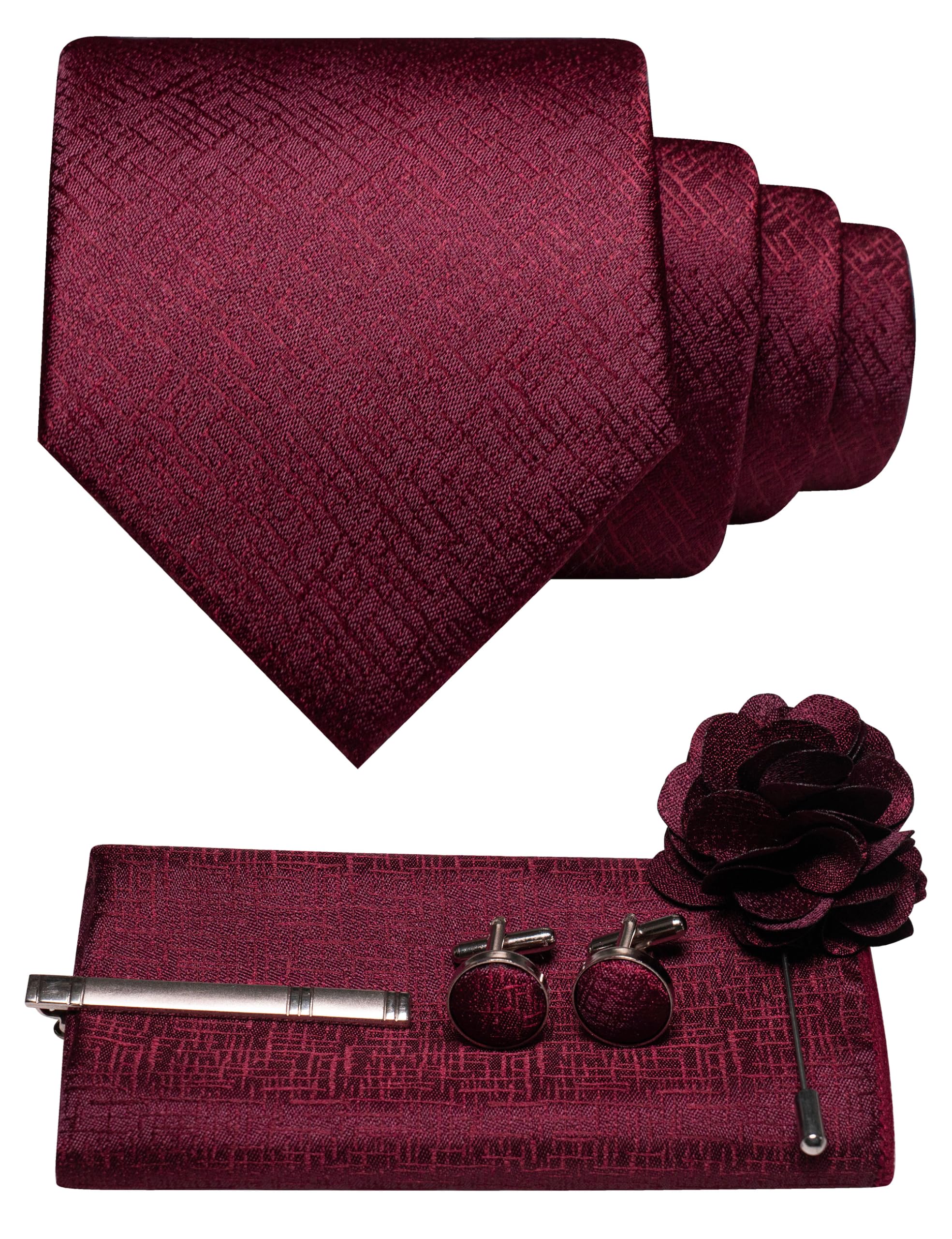 Photo 1 of JEMYGINS Mens Burgundy Tie Necktie and Pocket Square with Lapel Pin,Cufflinks,Tie Clip Sets 5PCS(5)