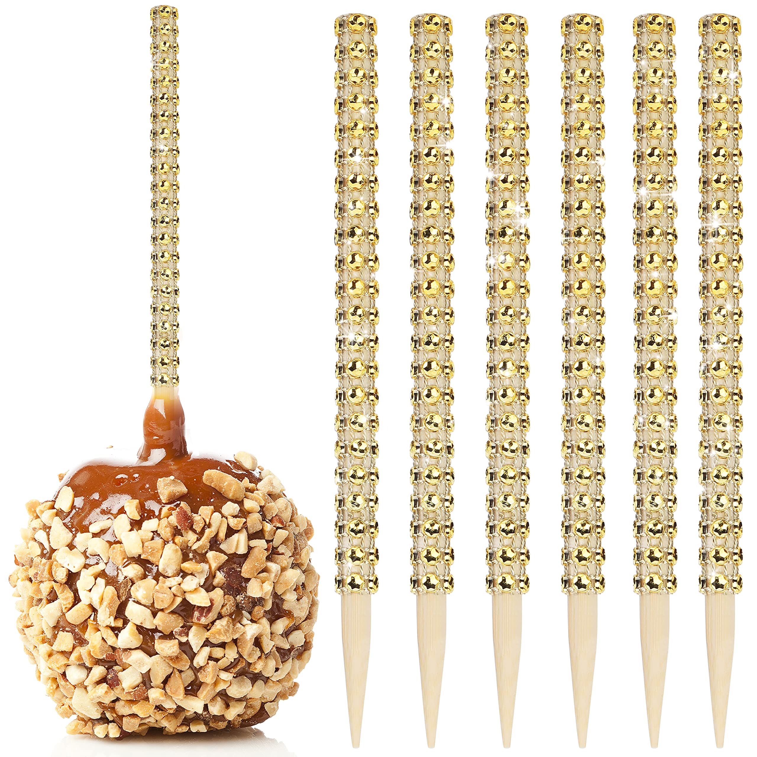 Photo 1 of 32 PCS Bling Candy Apple Bamboo Sticks,Caramel Apple Wooden Pointed Skewers with Rhinestones Diamond Mesh Wrap,Fruit Treats Pop Dec Bar for Dessert Table Tea Party Birthday Wedding Christmas (Gold)