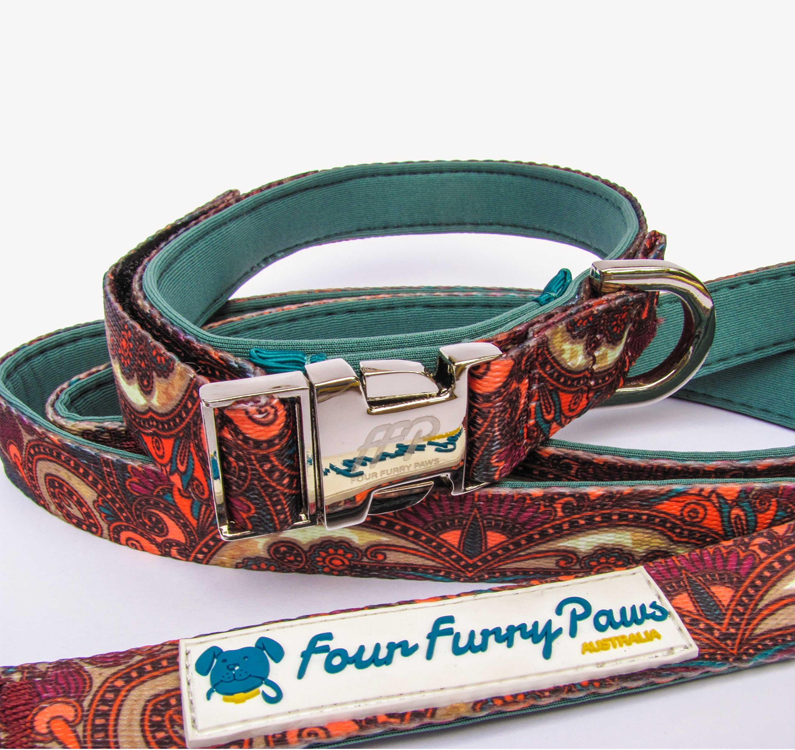 FFP Shelton Premium Matching Dog Collar and Leash Set. Neoprene Lined, Paisley Print, Nickel Plated Buckle. (Paisley Aqua)