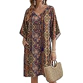 Zeagoo Womens Casual Summer Dress Boho Beach Dresses Tassel Tie Neck 2026 Floral Cover Up Spring 3/4 Sleeve Mini Sundress