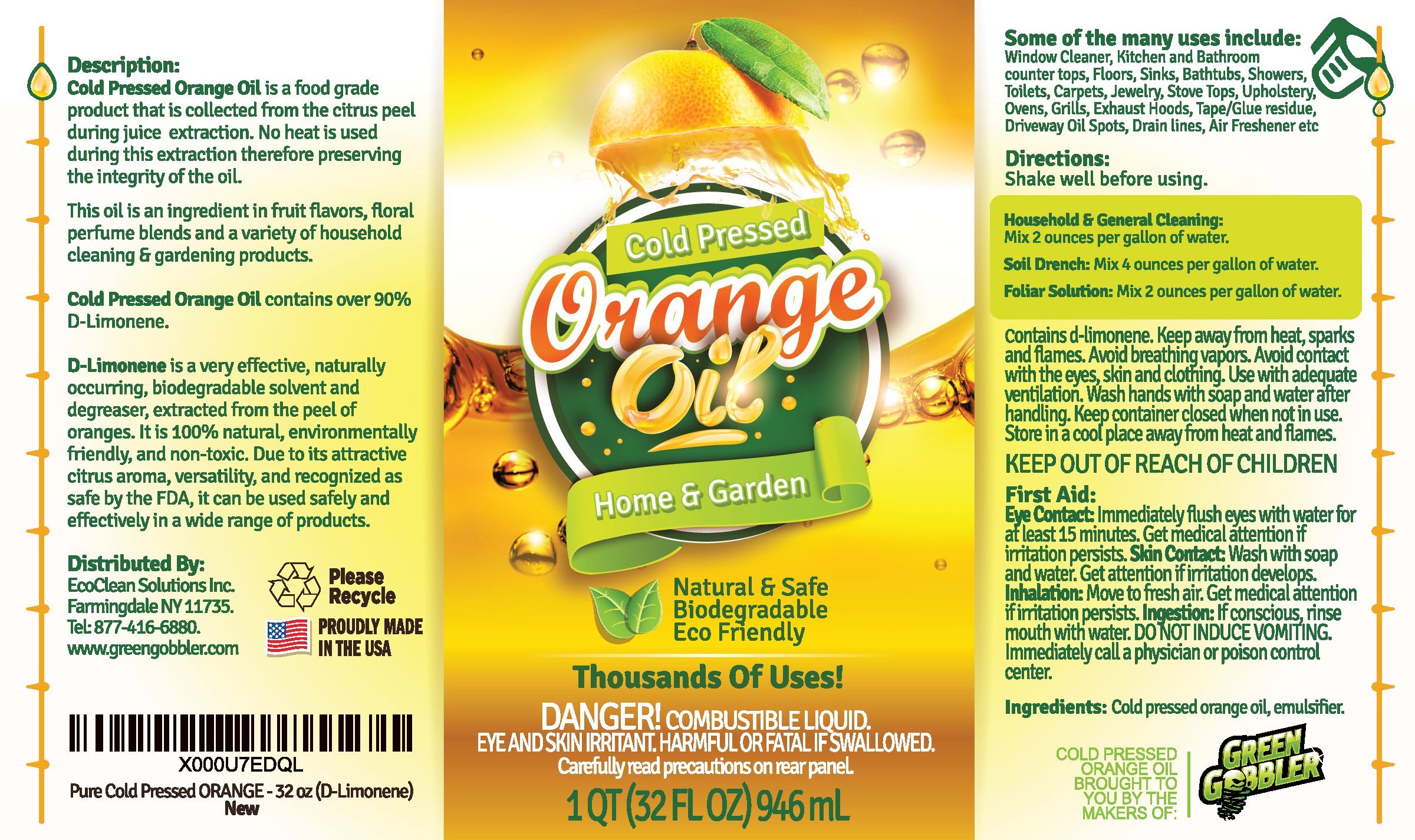 Pure Cold Pressed Orange Oil Concentrate 32 oz (DLimonene) by Green