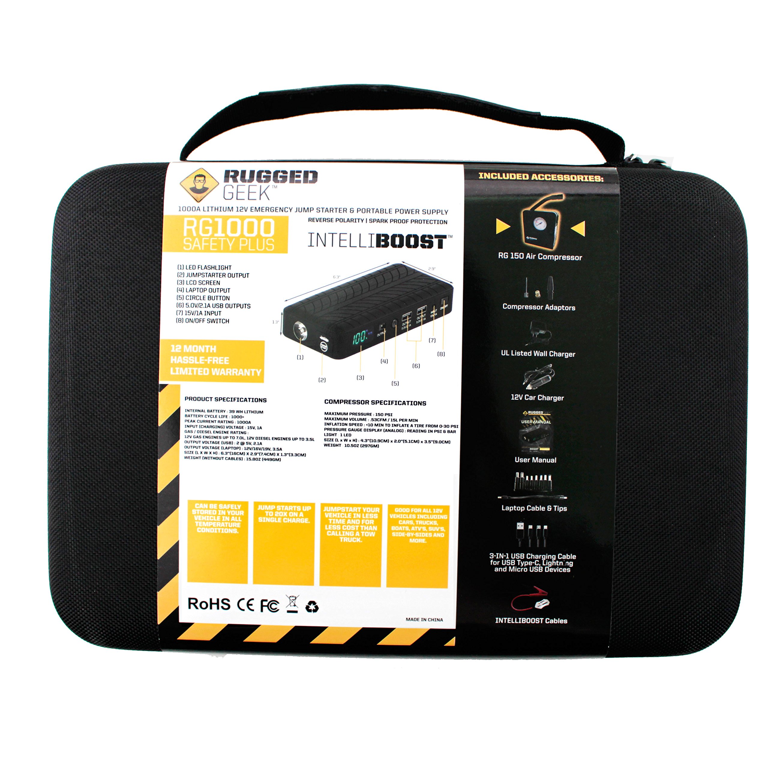 Rugged Geek RG1000 Safety Plus 1000A Portable Car Jump Starter, Battery