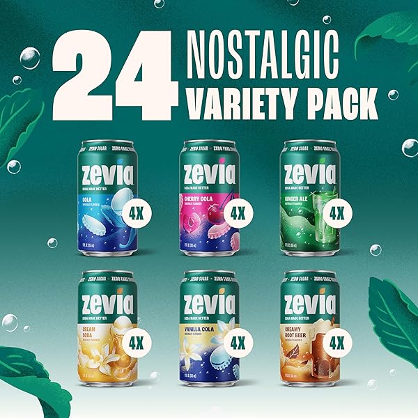 ZEVIA ZERO SUGAR SODA, NOSTALGIC VARIETY PACK, 12 OZ CANS (24-PACK) – NATURALLY SWEETENED, NON-GMO PROJECT VERIFIED, GLUTEN-FREE, VEGAN