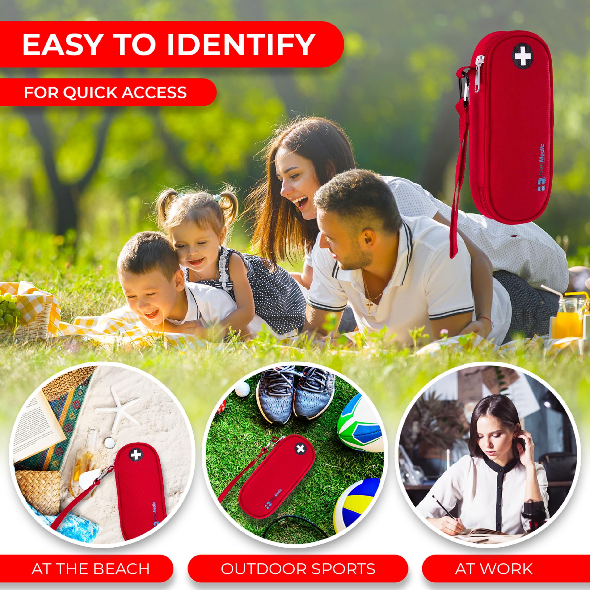 PracMedic Bags EpiPen Carry Case- Insulated Compact Epi Pens Carrying Case holds 2 Epipens or Auvi-Q, Inhaler, Antihistamine Meds for Immediate Access to Allergy Medications During Emergencies (Red)