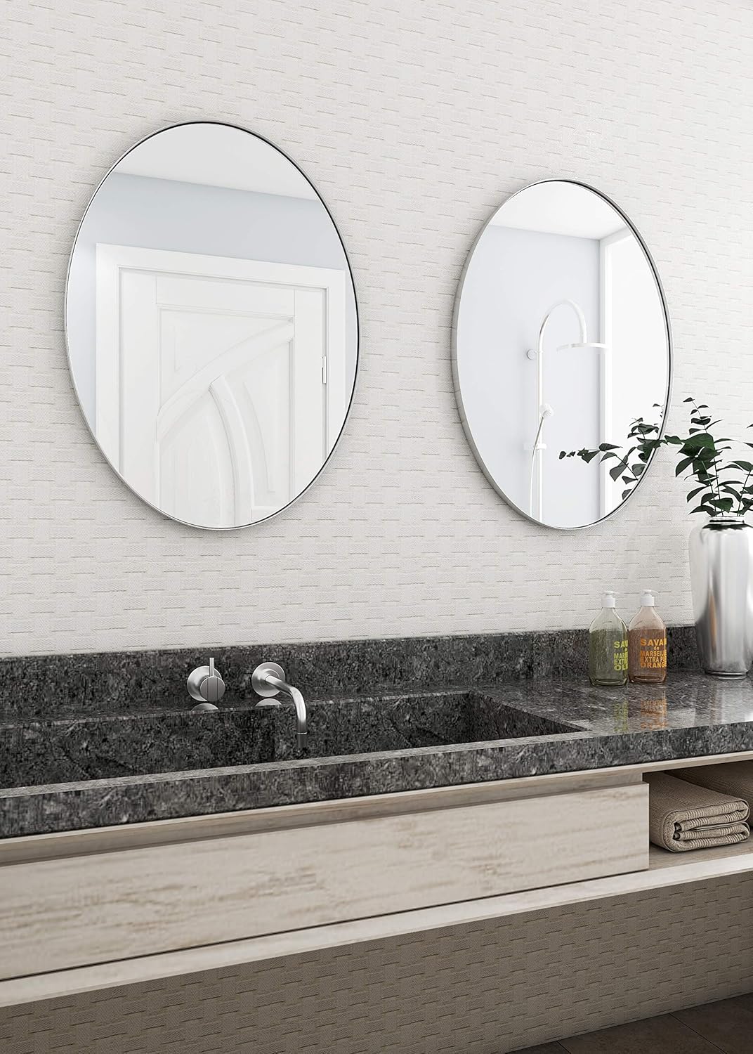 ANDY STAR Oval Mirrors for Bathroom, 24x36'' Brushed Silver Oval Wall Mirror in Stainless Steel Metal Frame 1'' Deep Set Design, Hangs Horizontal or Vertical: Kitchen & Dining