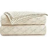 Large Cotton Knit Throw Blanket for Couch Sofa Bed - Home Decorative Soft Cozy Sweater Woven Fall Cable Oversize Knitted Blankets - 3.4 pounds,Cream 60 x 80 Inch