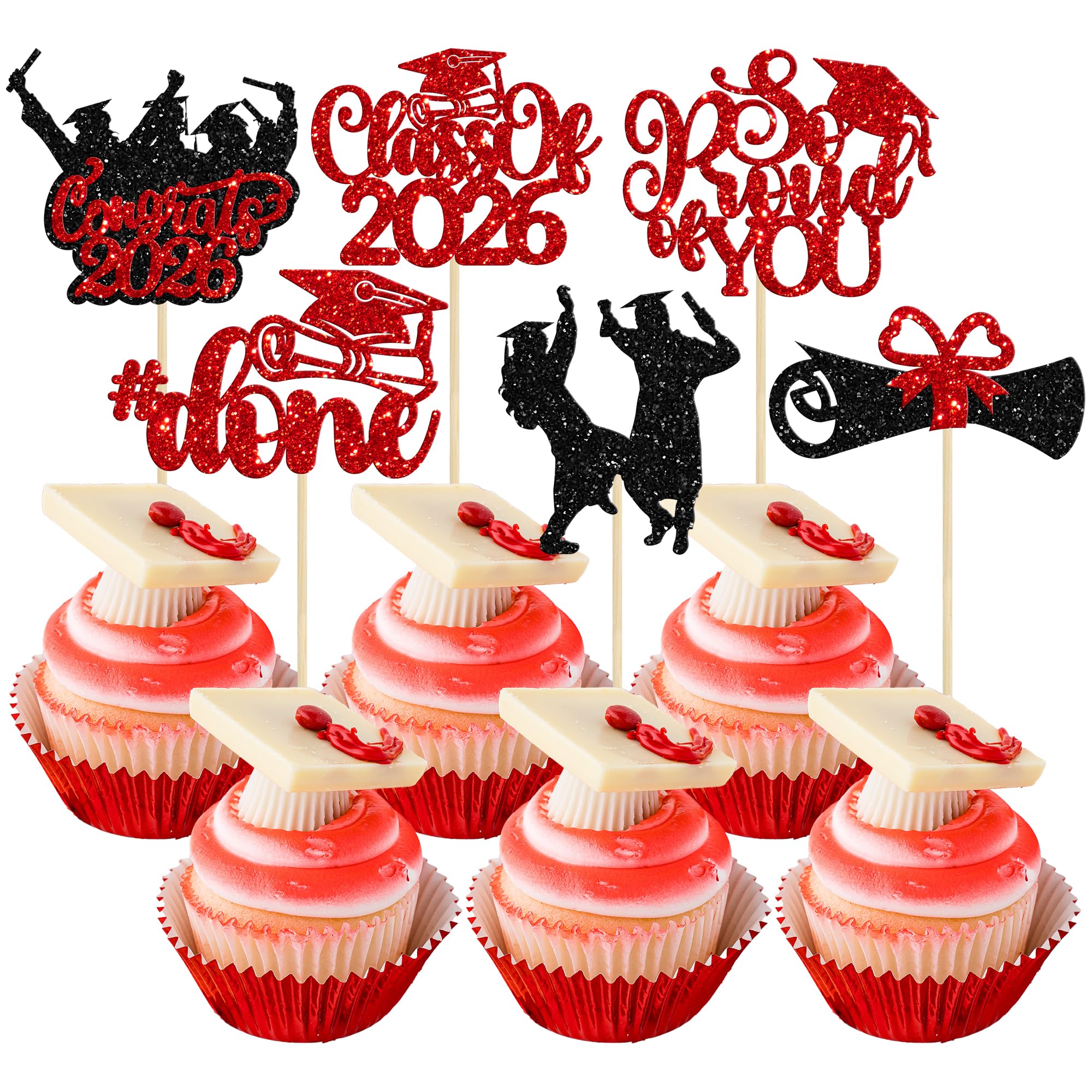 Gyufise 24Pcs 2026 Graduation Cupcake Toppers Glitter Class of 2026 Congrats Grad 2026 Cake Toppers Cap Diploma So Proud of You Cupcake Picks 2026 Graduation Theme Party Cake Decorations Supplies Red — image 1