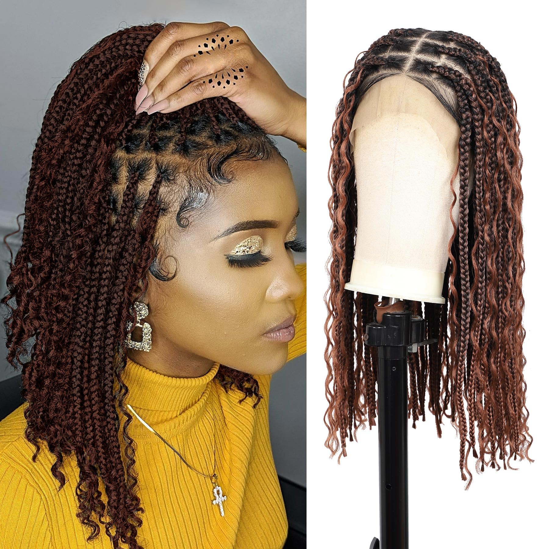 Photo 1 of Olymei 13x8 Hd Lace Knotless Braided Wigs for Black Women 18" Boho Braided Wig Full Lace Short Box Braid Wig Premium Synthetic Braided Lace Front Wig Brown