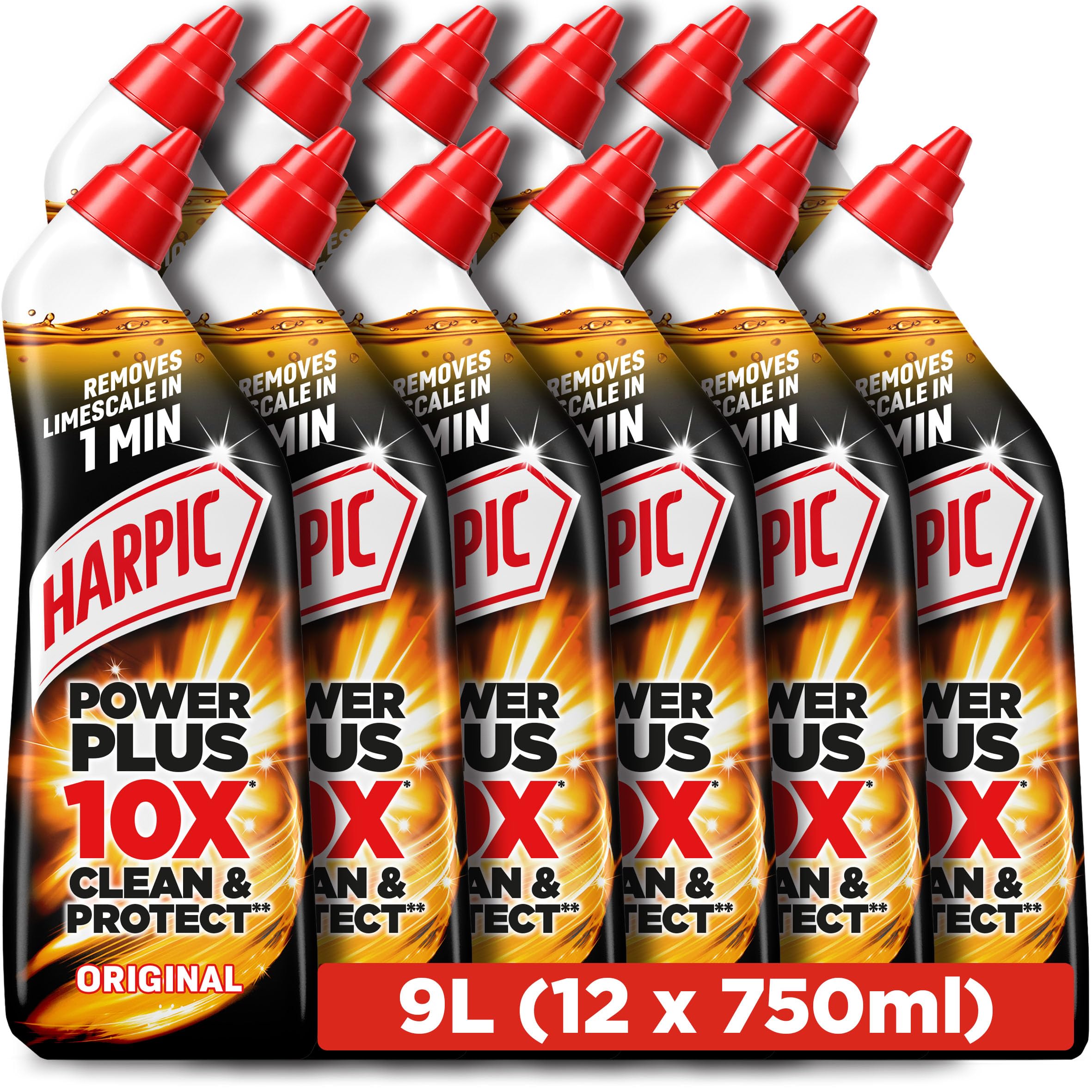 Harpic Power Plus Toilet Cleaning Gel, Original, 750ml (12 x 750ml, Total 9.0L), Removes Limescale in 1 minute, Powerful Deep Clean, Toilet Cleaner, Kills 99.9% of Bacteria