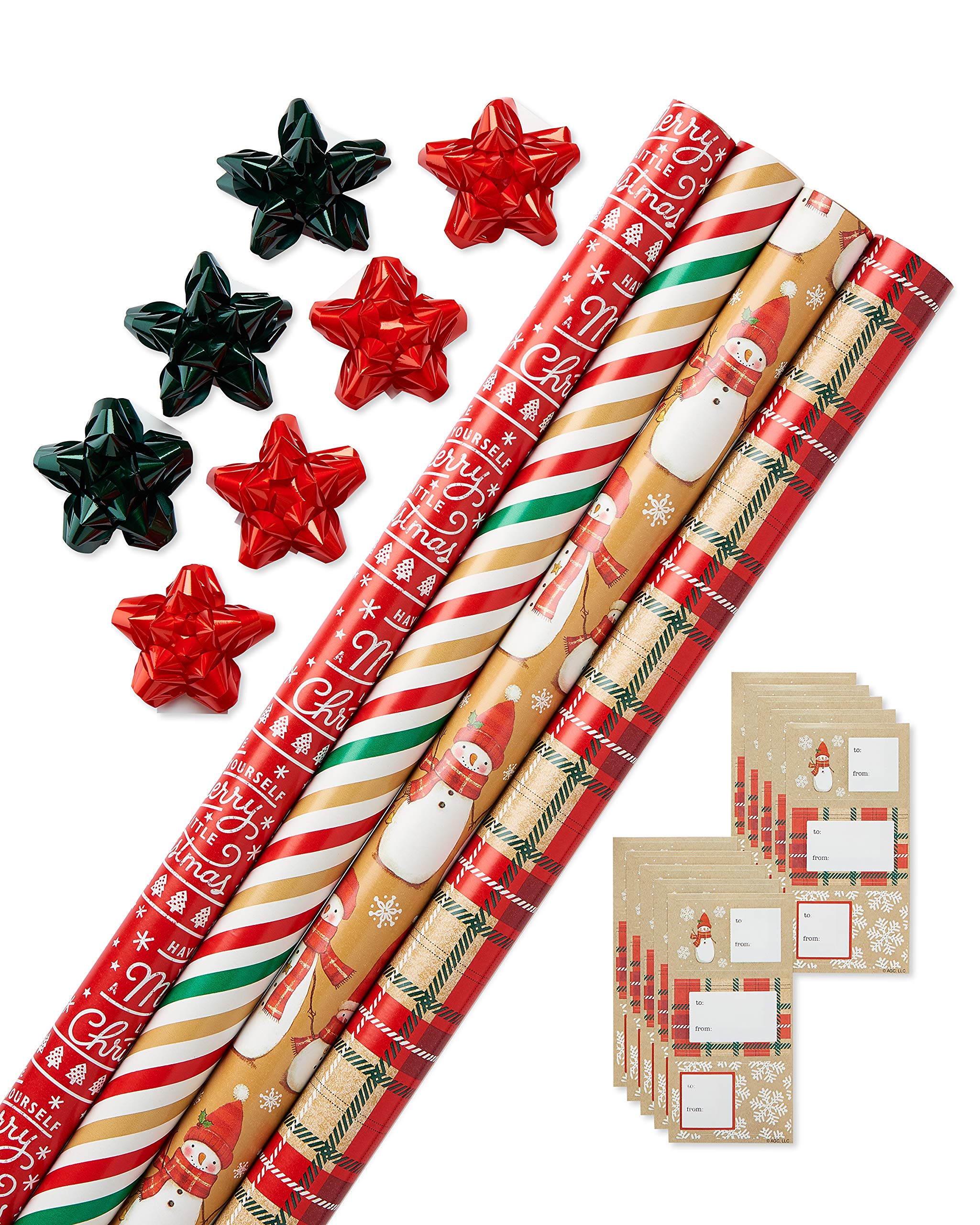 American Greetings Christmas Wrapping Paper Kit with Gridlines, Bows and Gift Tags, Red and Green, Stripes, Plaid and Snowmen (41-Count, 120 sq. ft.)