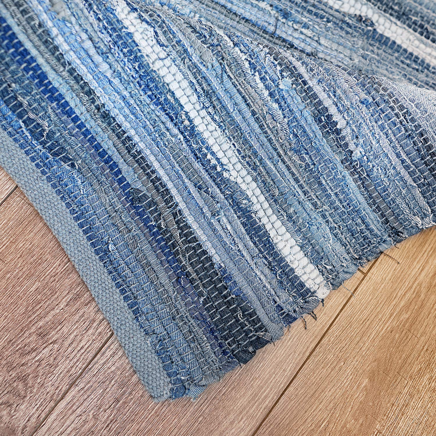 MOTINI Hand Woven Denim Reversible Laundry Room Kitchen Rag Rug Washable Recycled Thick Cotton Contemporary Blue Striped Floor Entryway Throw Rug for Bathroom,2\'×3\'