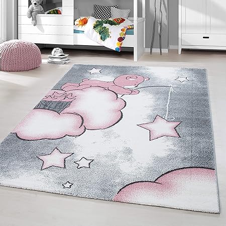 HomebyHome Kinderteppich Kurzflor Teddy Bear Babyteppich Kinderzimmer Babyzimmer Grau Weiss Pink Meliert, Größe:120x170 cm