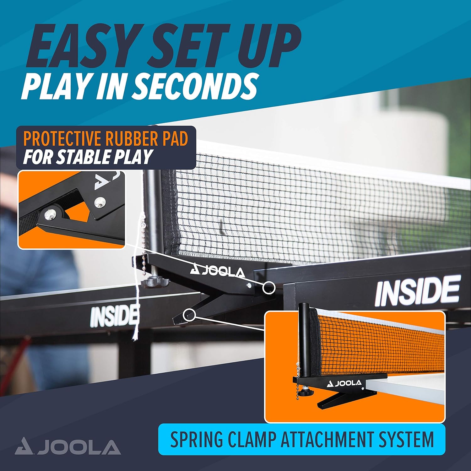 JOOLA Premium Inside Table Tennis Net and Post Set - Portable and Easy Setup 72" Regulation Size Ping Pong Spring Clamp Net, Black : Sports & Outdoors