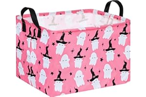 FUULOXE Halloween Ghost Storage Basket with Handles Pink Open Gifts&Candy Spooky Basket stuffers for Kids Baby Collapsible Women Organizer Bins Toys Boxes for Shelves Home Office