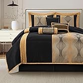 LANCO MODERN LIFESTYLE Queen Comforter Set, Black Gold, 7 Pieces Bed in a Bag, Ultra Soft Jacquard with Solid Piecework, Luxury Bed Set with Comforters, Bed Skirt, Pillow Shams and Decorative Pillows