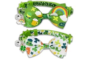 POHSHIDO St. Patrick's Cat Collar with Bow Tie and Bell, Kitty Kitten Breakaway Lucky Irish Shamrock Collar for Girls and Boys Male Female Cats