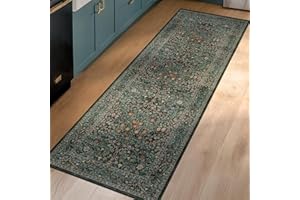 HAZO HAUS Non Slip Dark Green 2x6 Kitchen Runner Rug Washable, Long Rubber Backed Hallway Runner Rugs, Boho Vintage Floral Botanical Non Skid Carpet for Entryway, Bathroom, Hall, Laundry Room Mats for Floor
