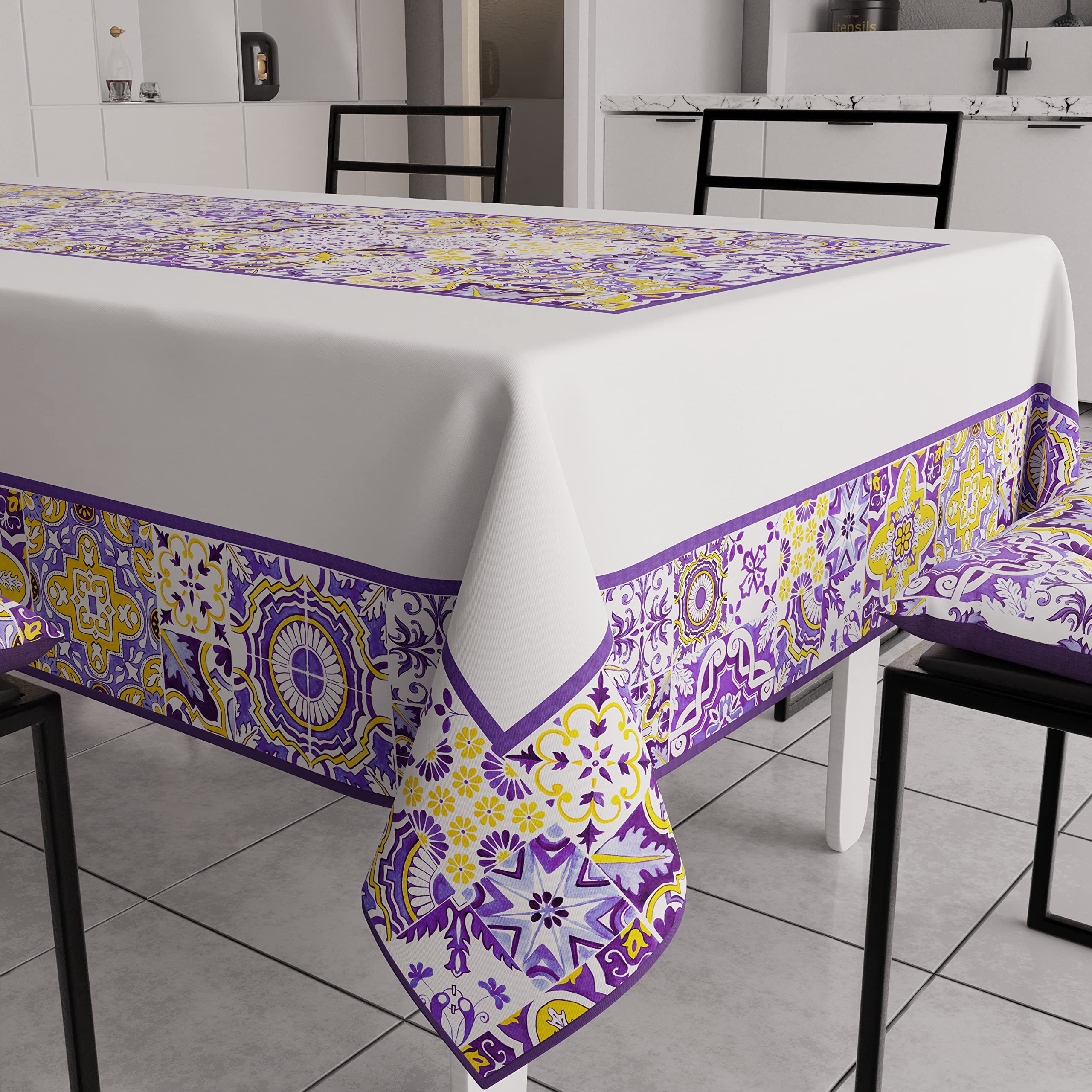 PETTI Artigiani Italiani - Anti-Stain Rectangular Tablecloth Kitchen Table Cover Geometric Vietri Vietri Purple X18 Seater (140 x 360 cm) 100% Made in Italy