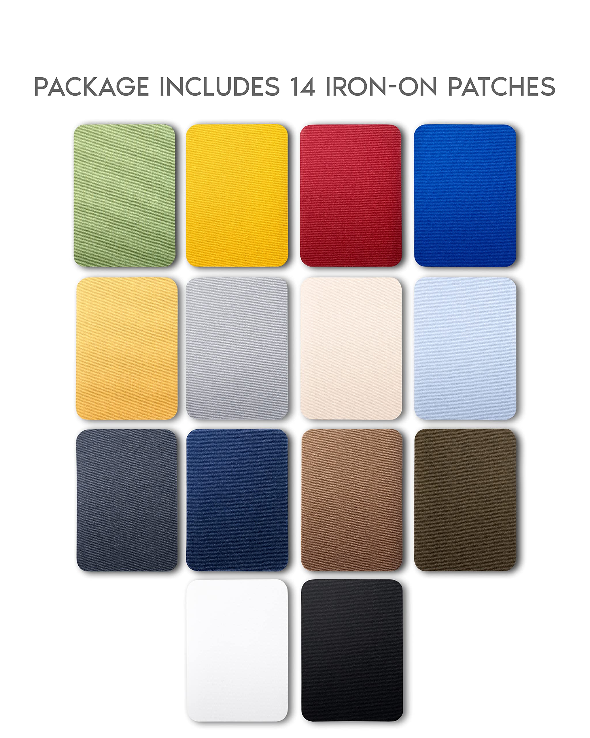 ZEFFFKA Premium Quality Fabric Iron-on Patches Inside & Outside Strongest Glue 100% Cotton Blue Gray Beige Brown Yellow Red Green Repair Decorating Kit 14 Pieces Size 3