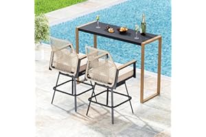 MIXPATIO 3 Piece Outdoor Bar Set, Swivel Counter Height Bar Stools with 40" Table, Wicker High Top Outdoor Table and Chairs with Cushion, Patio Barstool Set for Porch, Pool and Deck, Beige