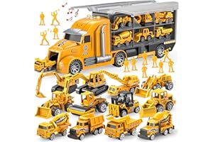 JOYIN 25 in 1 Kids Construction Truck Toy Set, 24Pcs Push and Go Cars and Worker Figures, Toddler Play Vehicles with Sounds and Light, Christmas Birthday Gifts Toys for 3 4 5 6 7 Years Old Grandkids
