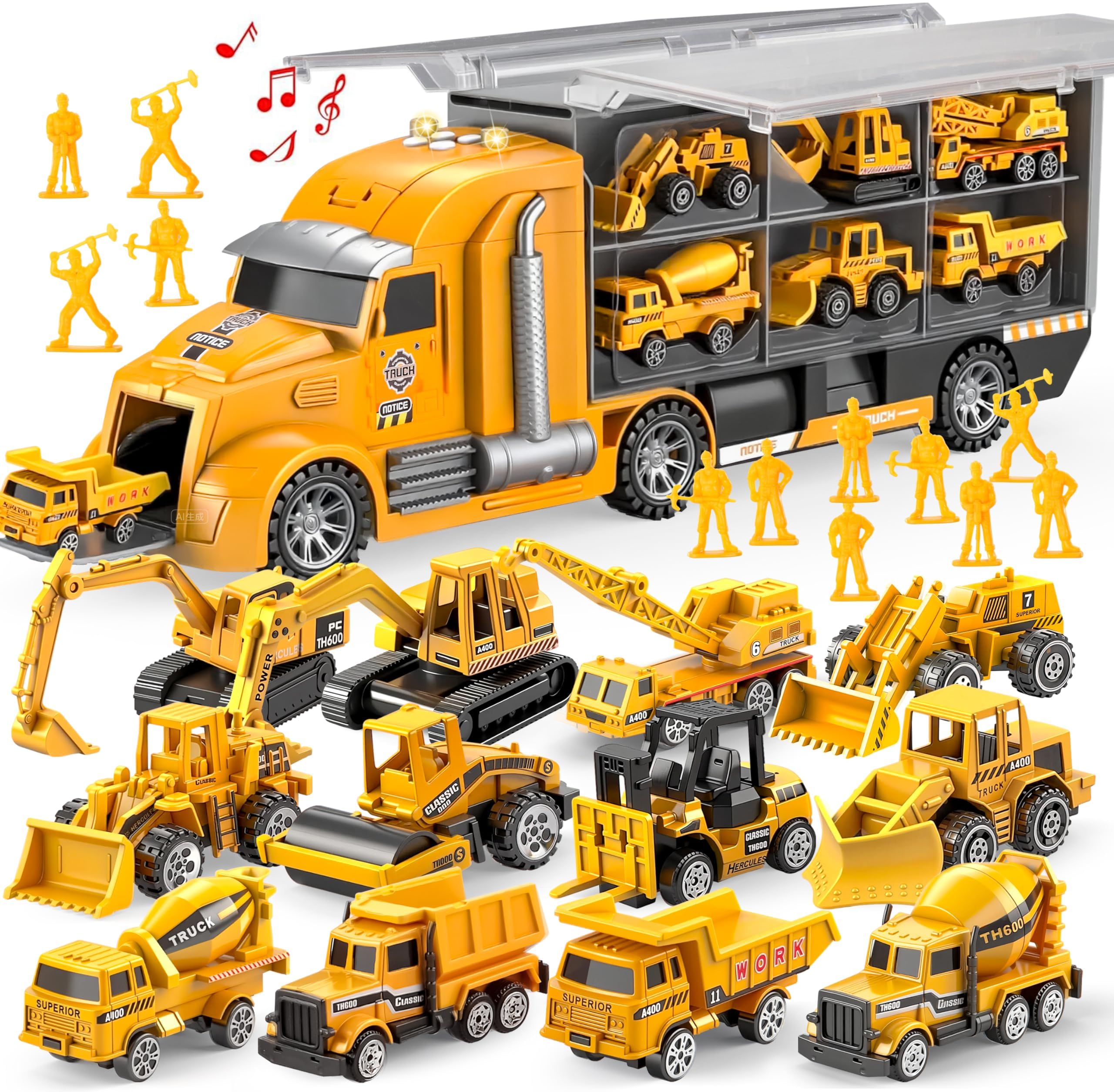Photo 1 of JOYIN 25 in 1 Kids Construction Truck Toy Set, 24Pcs Push and Go Cars and Worker Figures, Toddler Play Vehicles with Sounds and Light, Christmas Birthday Gifts Toys for 3 4 5 6 7 Years Old Grandkids