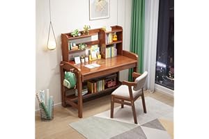 BALANBO Kids Table Kids Desk and Chair Set with Drawer and Bookshelf Wooden Children’s Media Desk Student's Study Computer Workstation and Writing Table (Brown)