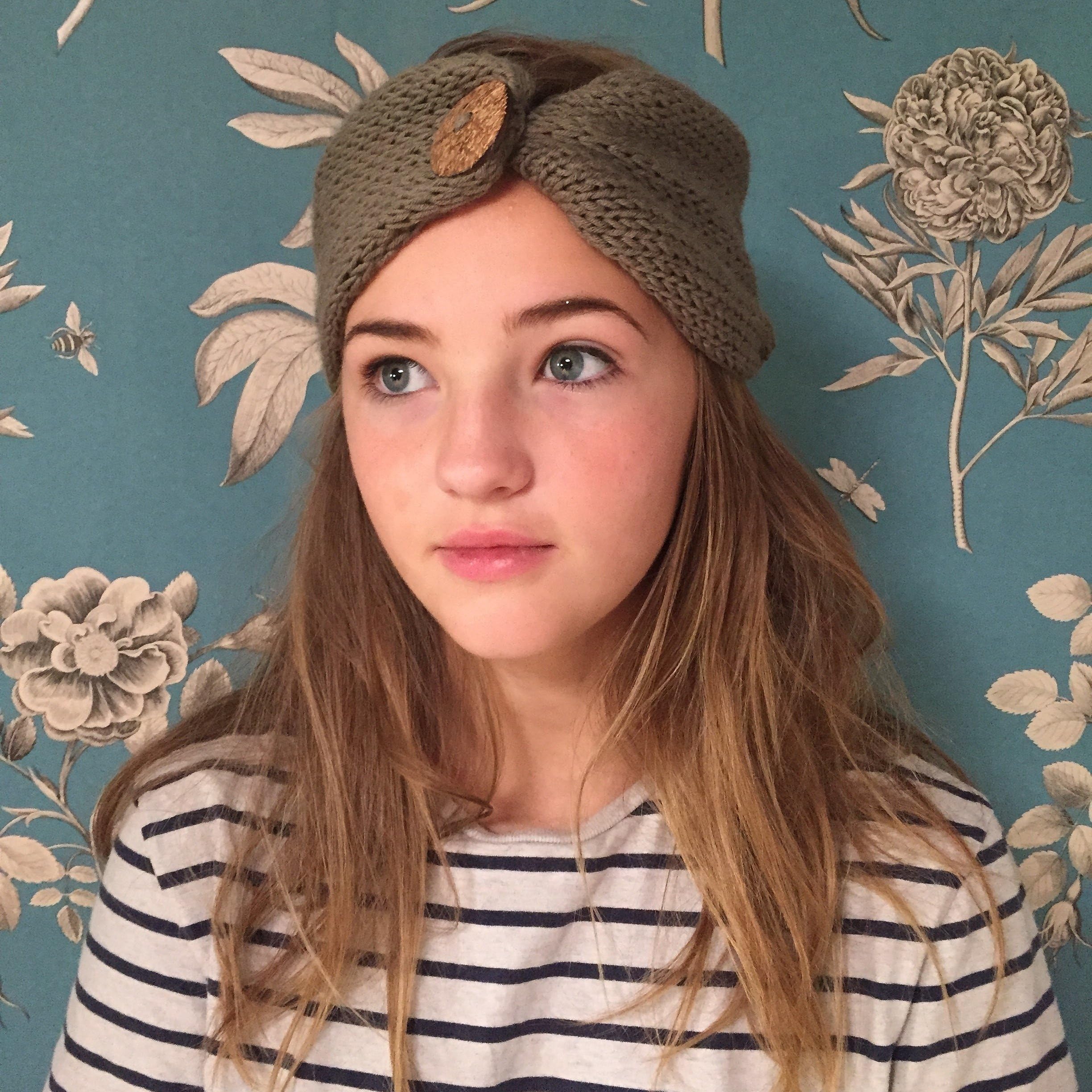 Handmade Olive Green Knitted Wool Headband with Coconut Button