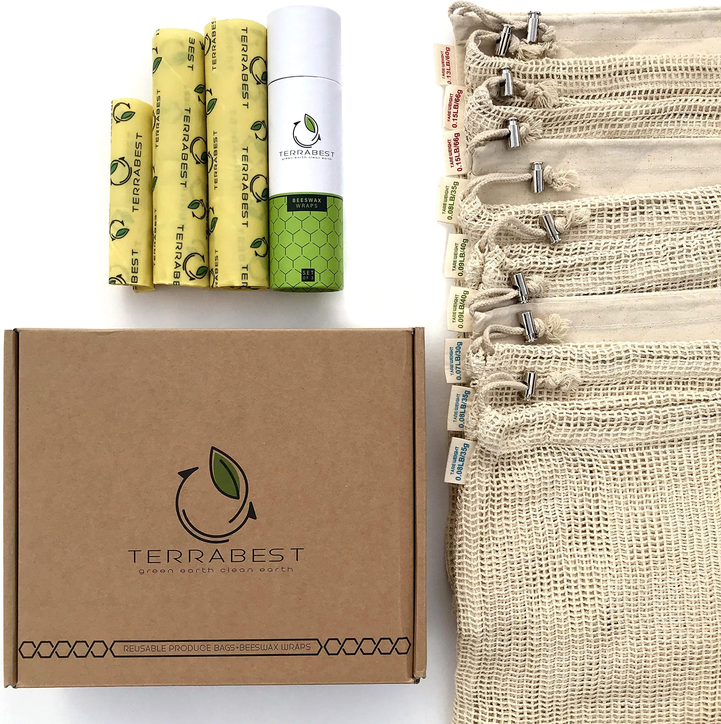 Cotton Mesh Produce Bags Grocery Reusable with Beeswax Food Wraps / Organic / Washable Vegetable Bags with Drawstring and Tare Weight Tags / Muslin Bulk Bag / Large Small Medium / Set of 12