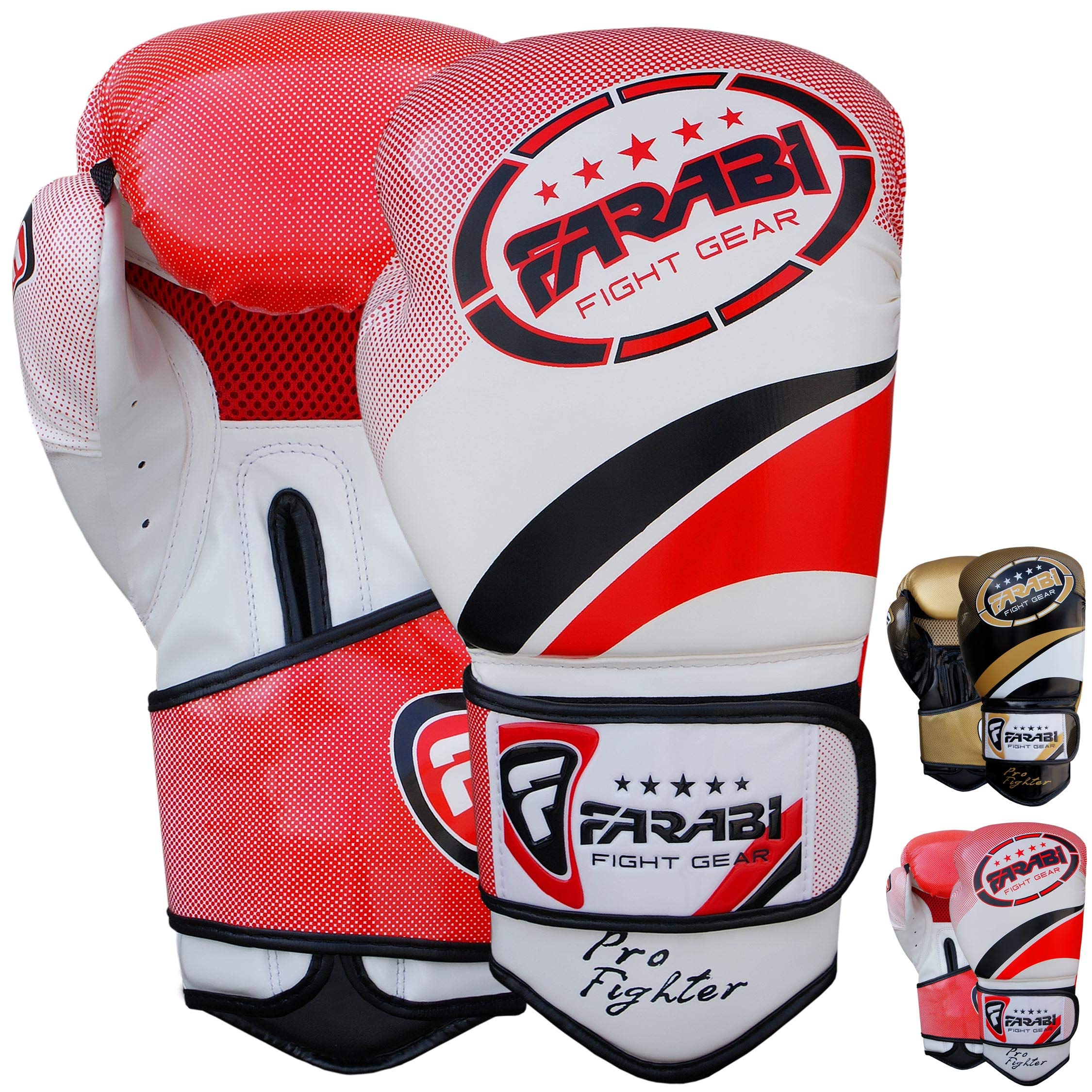 Farabi Boxing Gloves Training Sparring Punching Bag Focus Pads Training Gloves Pair 8-oz 10-oz 12-oz 14-oz 16oz (White/Red, 16-oz)