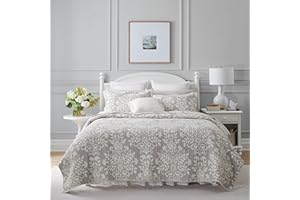 Laura Ashley - King Quilt Set, Reversible Cotton Bedding with Matching Shams, Home Decor for All Seasons (Rowland Grey, King)
