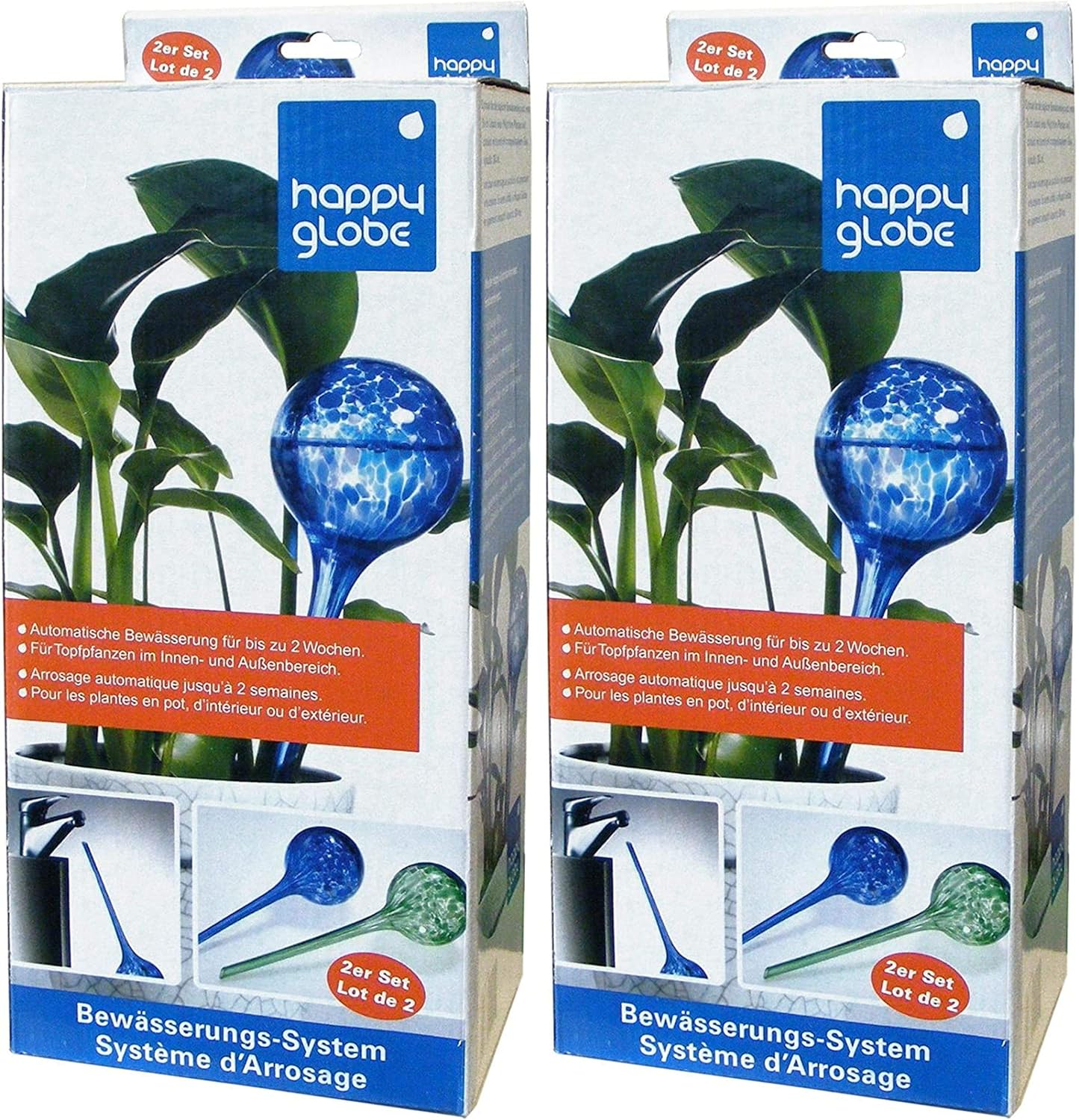 Feelino 4 Stück 9cm Grosse Glas-Bewässerungskugeln Happy Globe zur automatischen Bewässerung für ca. 14 Tage, Durstkugeln, Wasserkugeln