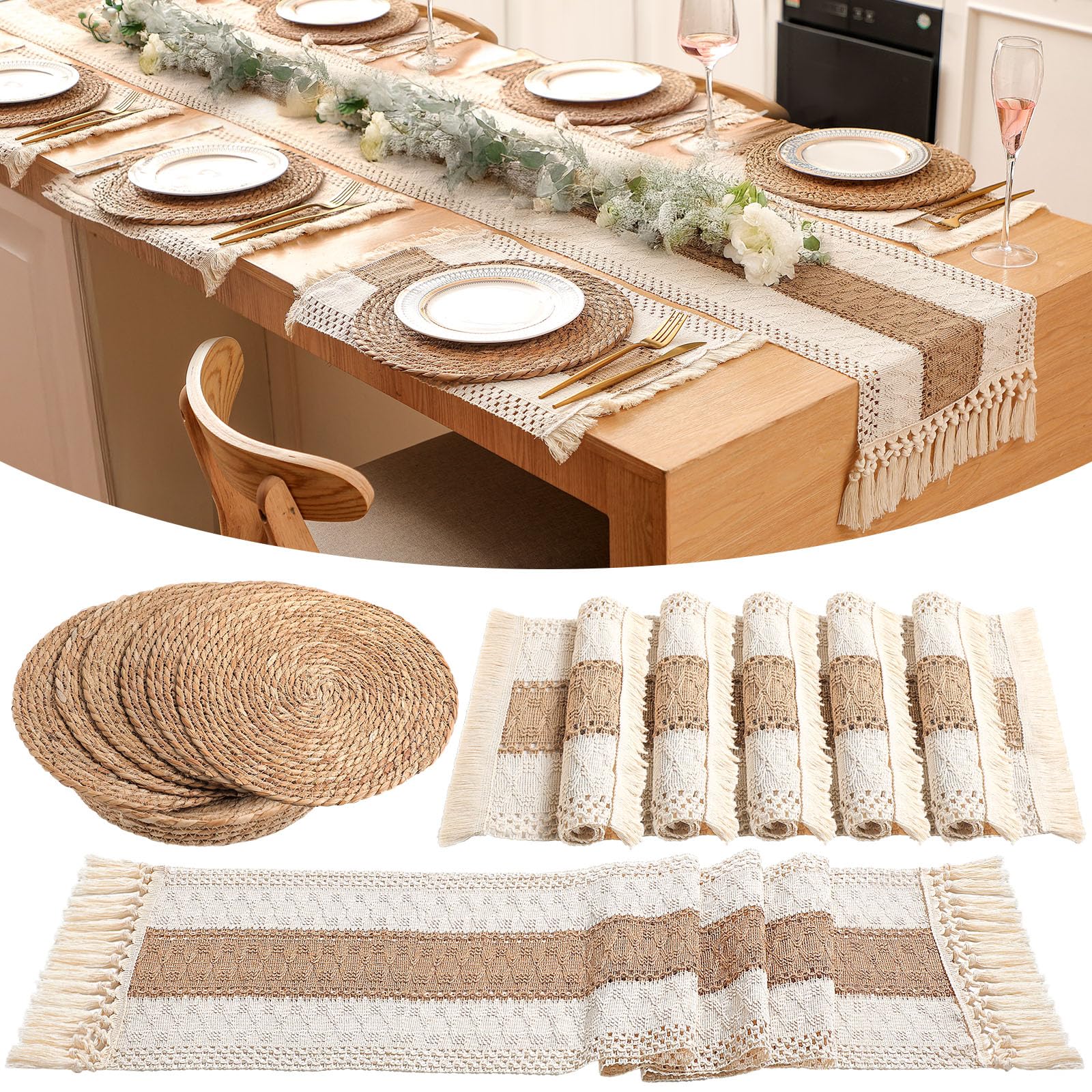 Photo 1 of Gandeer Boho Placemats 4/6/8 Set of Round Woven Placemat Macrame Style Bicolor Stitching Long Table Runner Farmhouse Rustic Natural Burlap Cotton for Kitchen Dining Table(6 Sets,Brown,12x72)