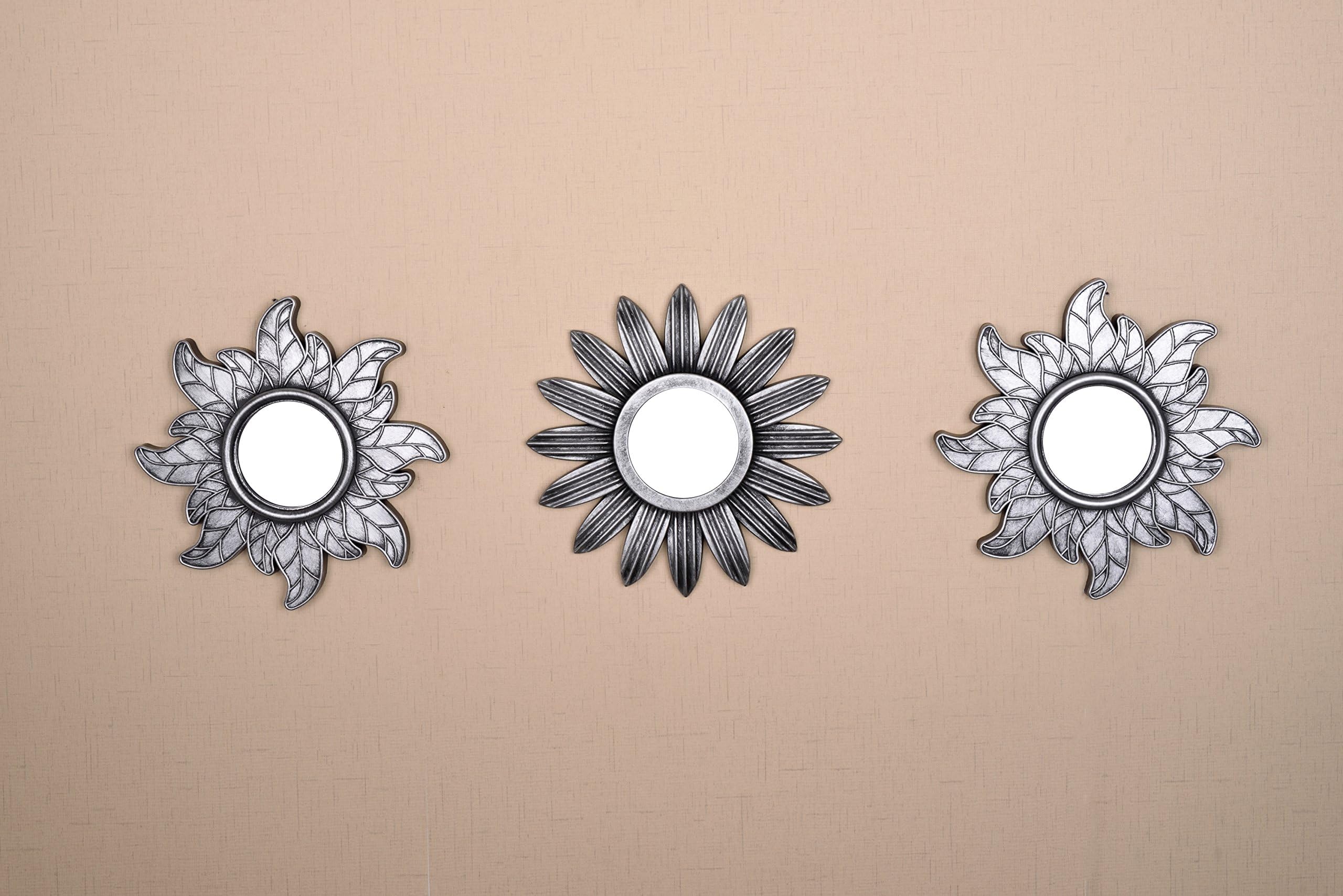 All American Collection New Seperated 3 Piece Decorative Mirror Set, Wall Accent Display (Silver Flower and Sun)