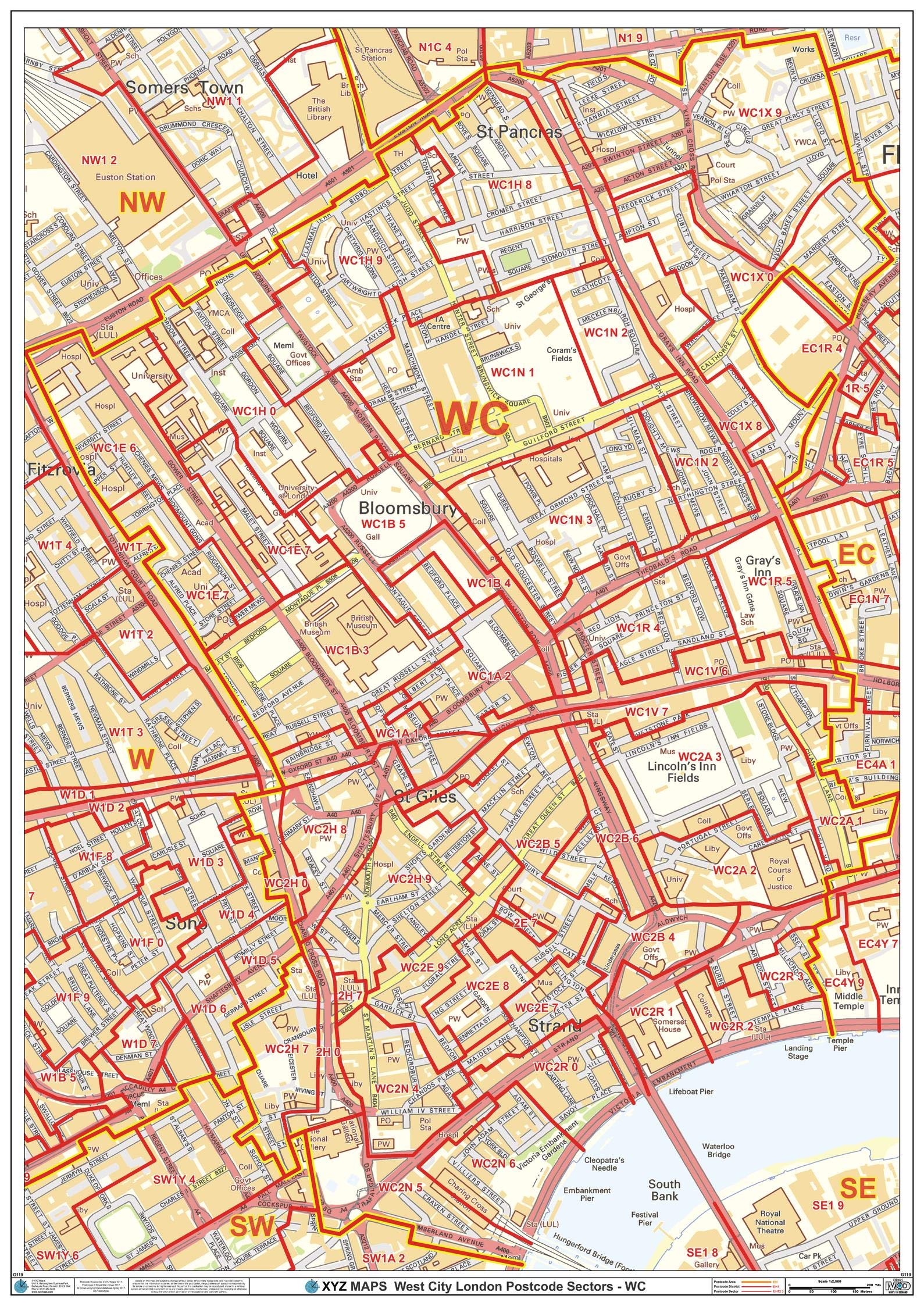 West City London - WC - Postcode Wall Map - 33.25" x 47" Matte Plastic