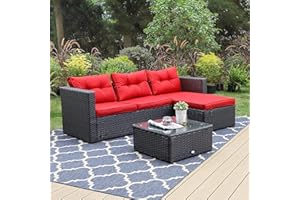 PHI VILLA Patio Sectional Clearance Manual Weaving Wicker Small L-Shaped Outdoor Furniture Sofa Set with Upgrade Rattan (3 Piece,Red)