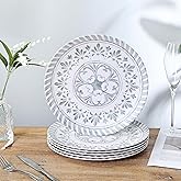 Yinshine Melamine Dinner Plates,10.75 Inch Plates Set for 6, 6-Piece Melamine Plates for Indoor and Outdoor Use,Embossed Floral Design,Dishwasher Safe, Unbreakable,White&Grey
