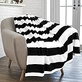 PAVILIA Striped Throw Blanket for Sofa Couch | Soft Flannel Fleece Stripe Black and White Decorative Throw | Warm Cozy Lightweight Microfiber | 50 x 60 Inches