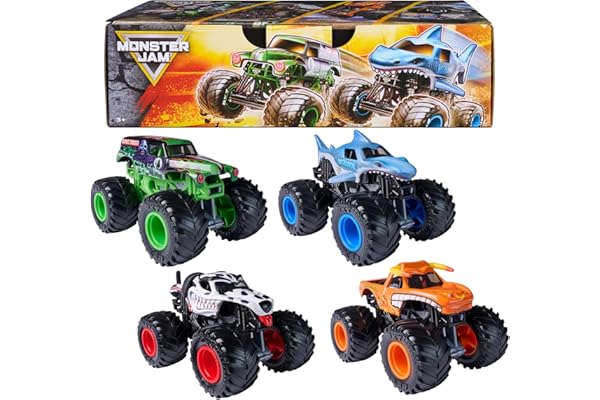 Monster Jam All Stars Monster Trucks, 1:64 Scale Die-Cast Vehicles 4-Pack | Official Grave Digger, Megalodon, Dalmatian & El 