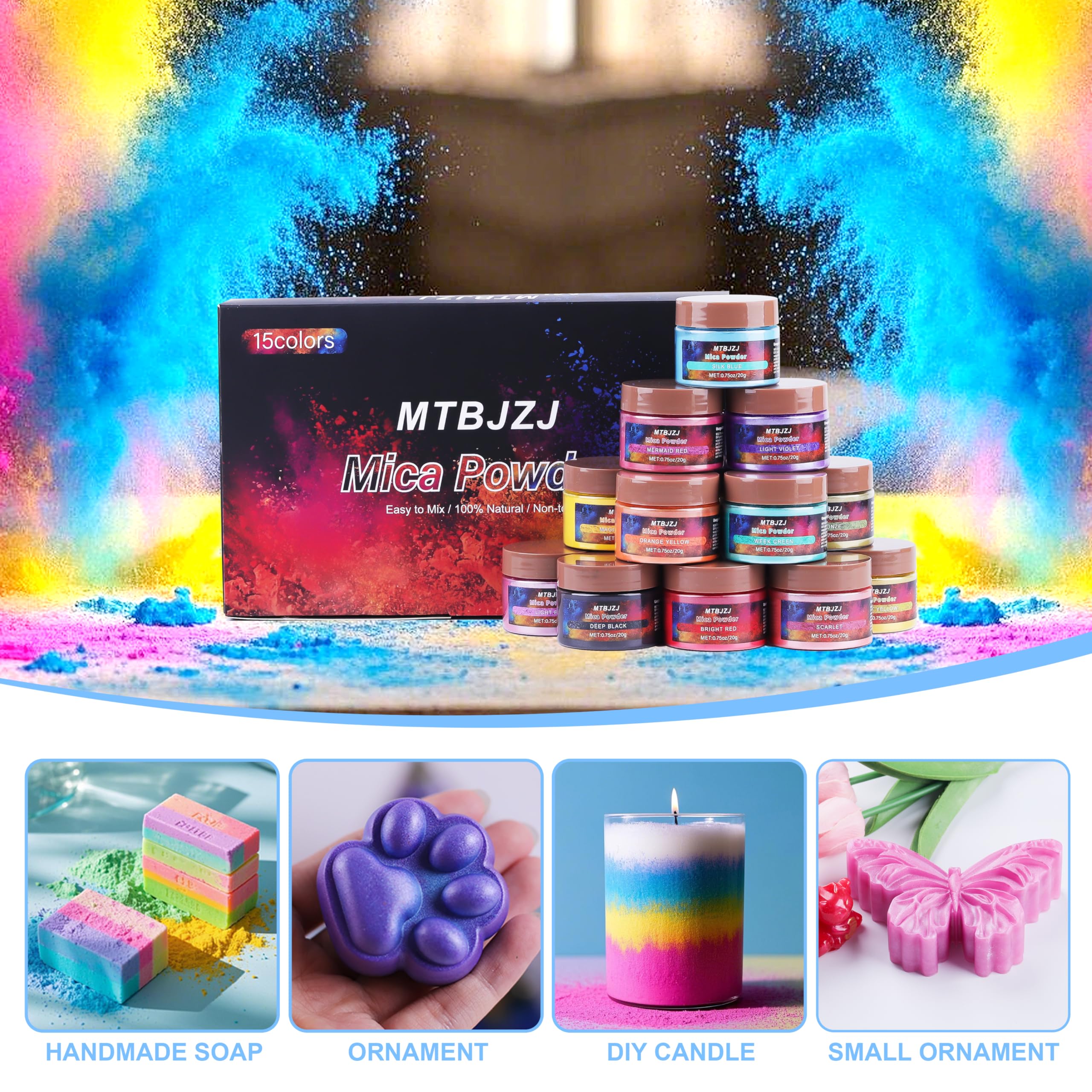 MTBJZJ Mica Powder for Resin, 15 Colors - 20g/Bottle of Epoxy Resin Color Pigment,for Candle Dye, Lip Gloss Pigment, Soap Making, Slime Colorant, Paint, Bath Bombs,Nail Polish and Eye Shadow