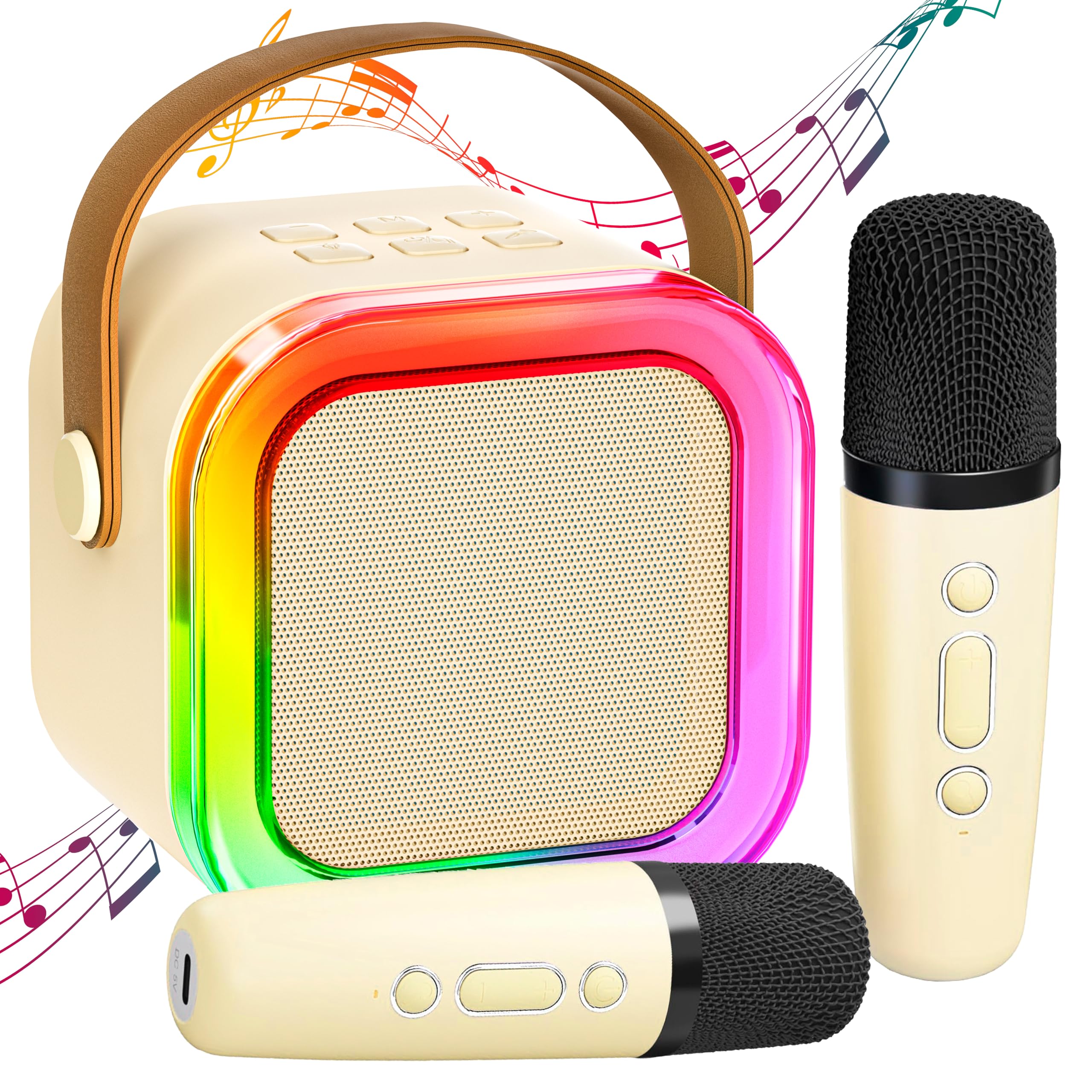 Kids Karaoke Machine 2 Microphones: Gift for Girls Birthday Present - Mini Karaoke Machine with Karaoke Wireless Microphones - Portable Kids' Wind & Brass Instruments Toy for Ages 3-12 - Beige 2 Mics