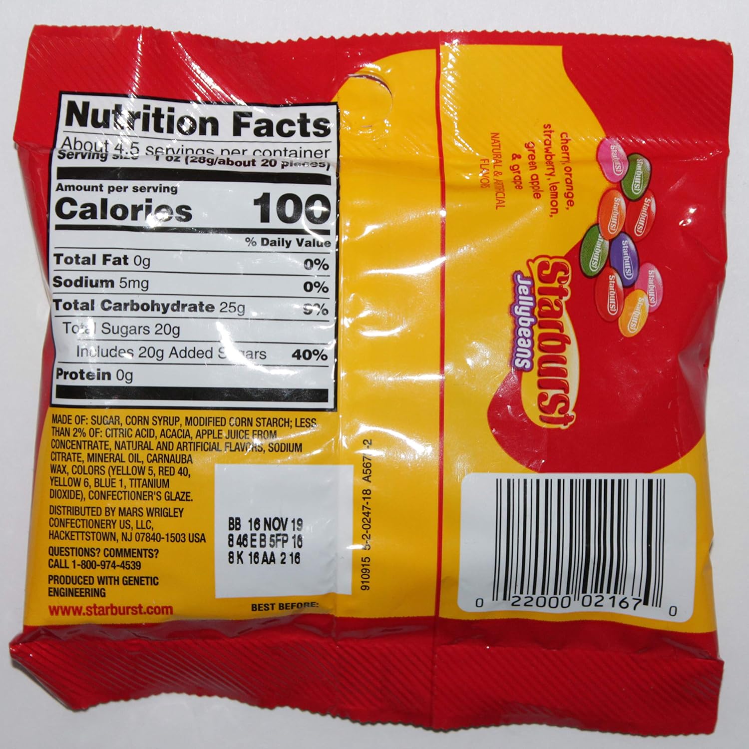 Starburst (1) Bag Jellybeans - Original Flavors - Cherry, Orange, Strawberry, Lemon, Green Apple & Grape - Chewy Candy 4.50 oz : Grocery & Gourmet Food